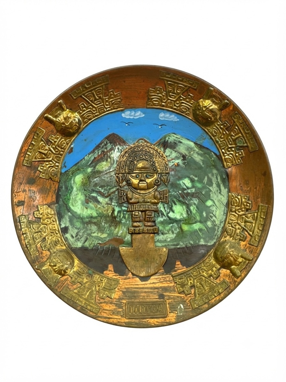 Vintage Mid-Century Colombian Mixed Metal Tumi Wall Plate Plaque - Inlaid Eyes